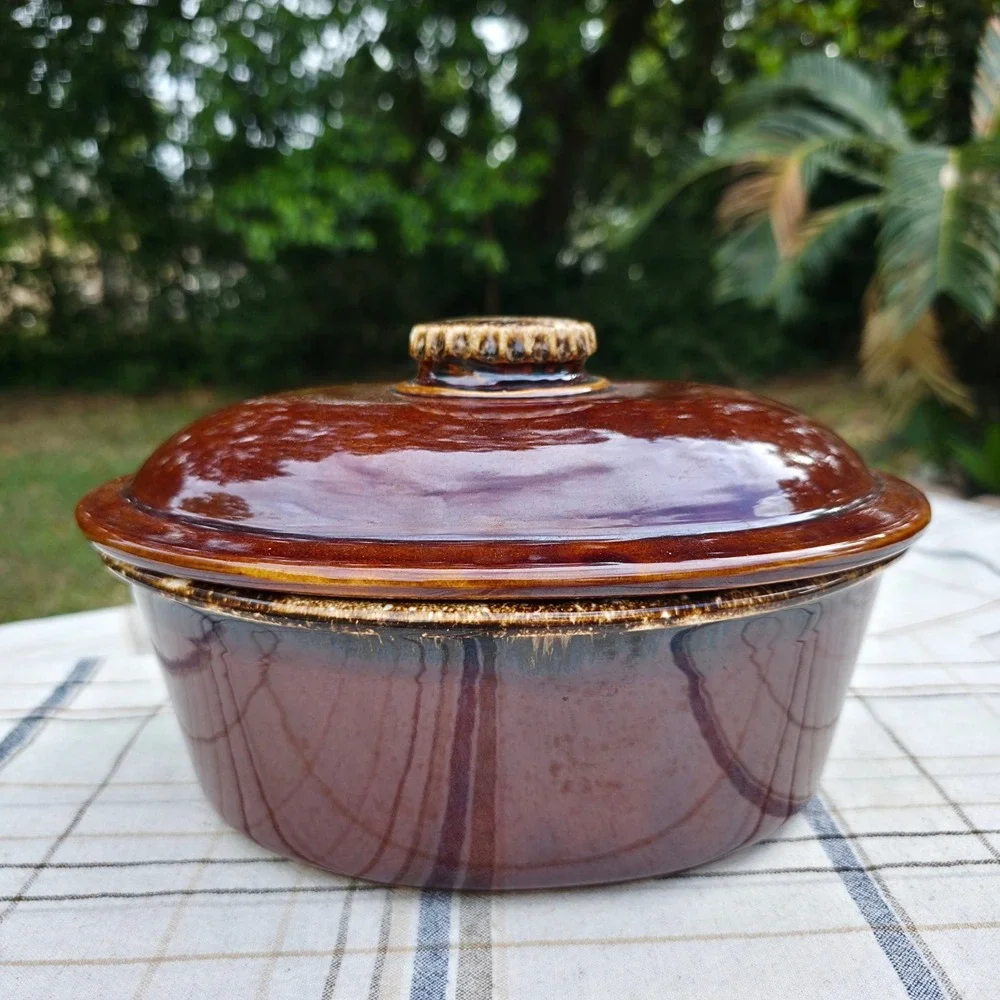 Hull Pottery Casserole Dish w/ Lid Oven Proof USA Mirror Brown Drip Oval 10 Inch